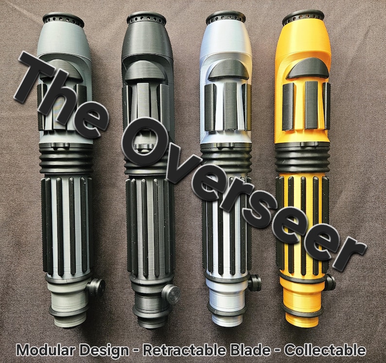 May include: Four cylindrical lightsaber hilts arranged vertically, featuring a modular design with black grip accents. The colours from left to right are light grey, black, silver, and yellow. The text "The Overseer" and "Modular Design - Retractable Blade - Collectable" are visible.