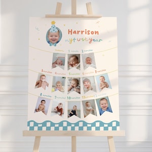 Boys First Birthday Photo Board Poster Print, About Me Sign, Its Fun to Be One, Colorful Party Hat & Bow Tie | Instant Download