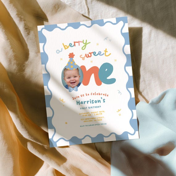 A Berry Sweet One Boy First Birthday Invitation, Fun 1st Invite Colorful, Party Hat & Bow Tie, Custom Photo | Instant Download