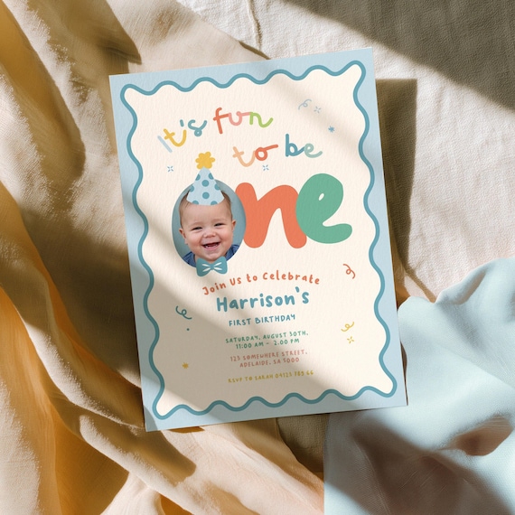 1st Birthday Invitation Boy Retro Colorful, It's Fun to Be One, Party Hat & Bow Tie, Upload Photo | Instant Download