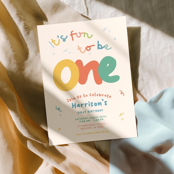 Fun to Be One 1st Birthday Boy Invitation, Colorful Party Invite | Editable Canva Template