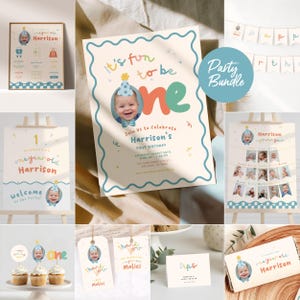 Fun to Be One Boy's First Birthday Invitation & Party Pack Decor Bundle, One is Fun 1st Invite Colorful, Custom Photo, Instant Download