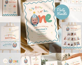 Fun to be One Boy's erster Geburtstagseinladung & Party Pack Decor Bundle, One is Fun 1st Invite Bunt, Benutzerdefiniertes Foto, Sofort-Download