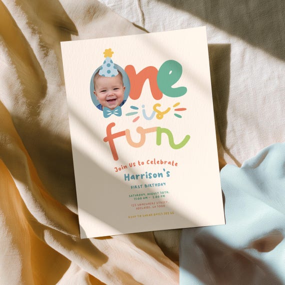 Boy's First Birthday Invitation, One is Fun 1st Invite Colorful, Party Hat & Bow Tie, Custom Photo | Instant Download