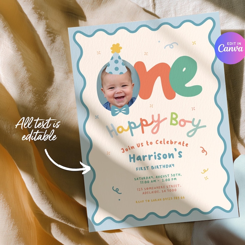 May include: A light blue and cream-colored birthday invitation with a photo of a baby wearing a party hat. The invitation reads "Happy Boy" and includes event details. Text on the invitation is editable.