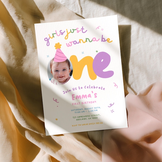 First Birthday Invitation Girls Just Wanna Be ONE: Colorful 1st Party Hat Invite, Fun Custom Editable Photo | Instant Download