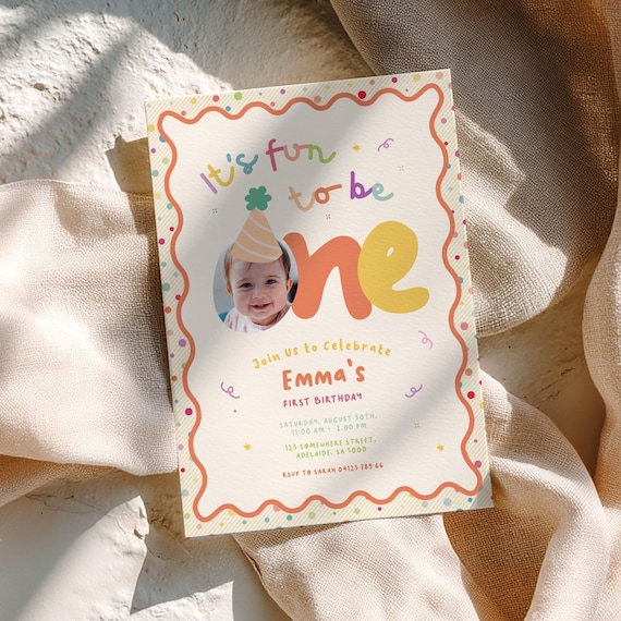 Girls First Birthday Invitation, Earthy Colorful: Fun to Be One Invite, 1st Party Hat, Editable Custom Photo | Instant Download