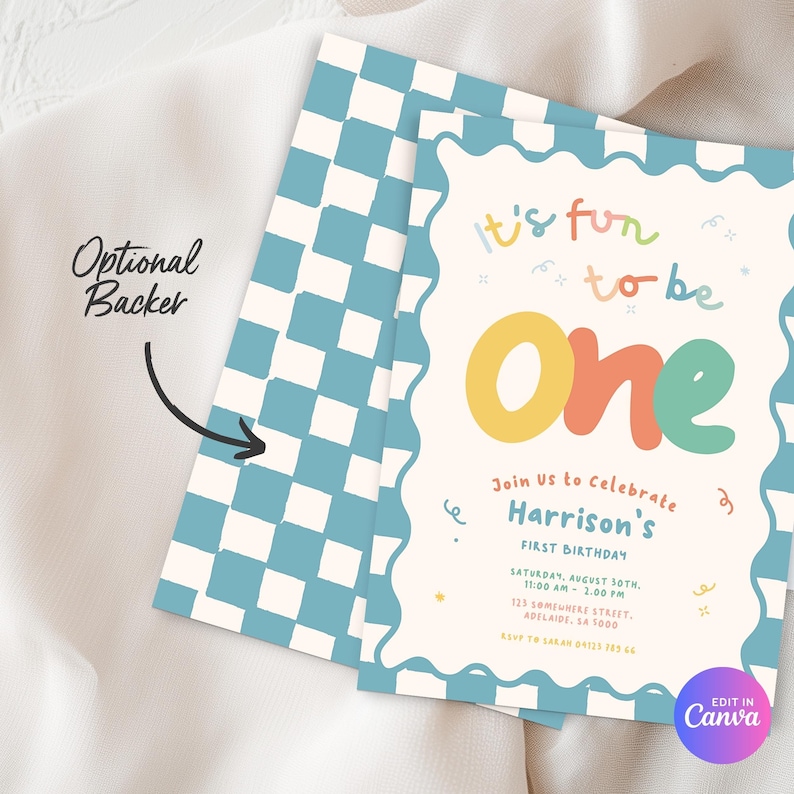 The image is a birthday invitation for a one-year-old named Harrison's first birthday. The invitation has a checkered background and colorful text, and it is accompanied by an arrow pointing to the "Optional Backer" section.