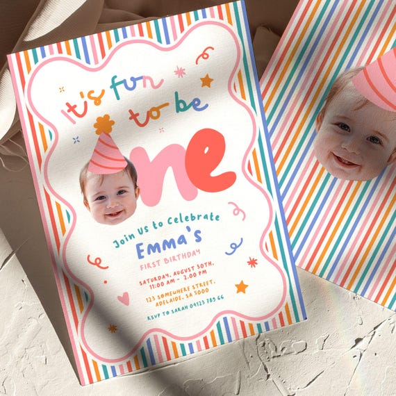 Fun To Be One Face Cutout Editable Photo 1st Birthday Invitation Girl Colorful | Download Canva Template