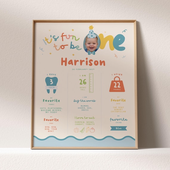 Boys First Birthday About Me Sign, Milestone Poster: It's Fun to Be One, Colorful Party Hat Bow Tie | Instant Download