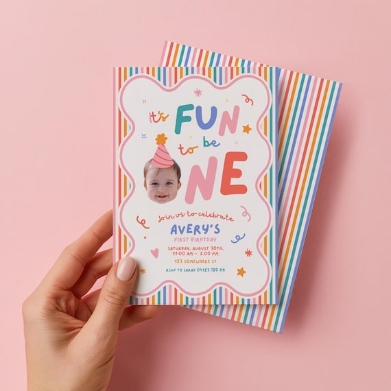 Girls First Birthday Invitation: Fun To Be One Facecut Photo, 1st Birthday Invite, Custom Photo (Editable Download, Canva Template)