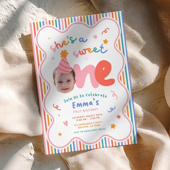 Girls First Birthday Invite Template: Shes a Sweet One, Editable Custom Photo (Digital Download)