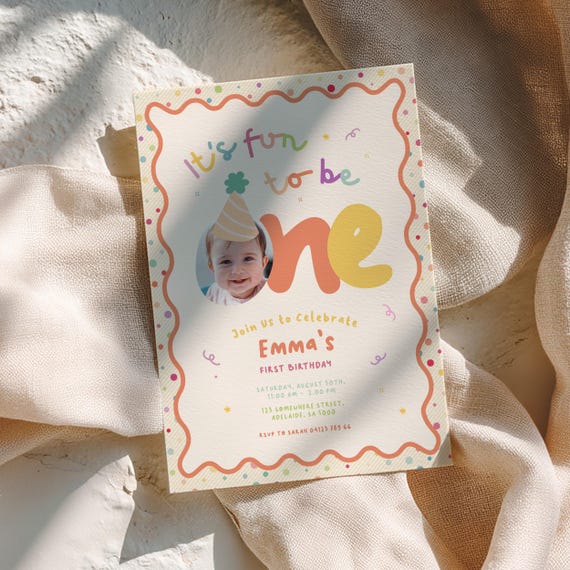 Girls First Birthday Invitation, Earthy Colorful, Retro Fun to Be One Invite, 1st Party Hat, Editable Custom Photo (Instant Download)