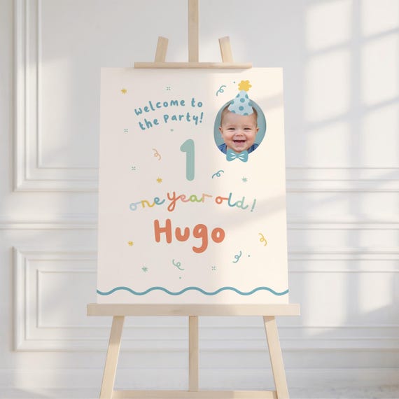 Boys First Birthday Welcome Sign: It's Fun to Be One, Colorful Party Hat Bow Tie | Instant Download