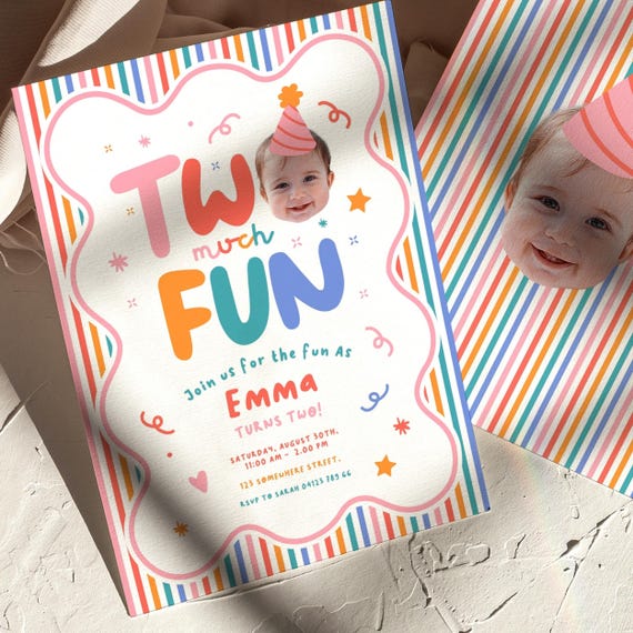 Second Birthday Invite Two Much Fun, 2nd Girls Party Invitation Cutout Editable Photo Colorful (Download Canva Template)