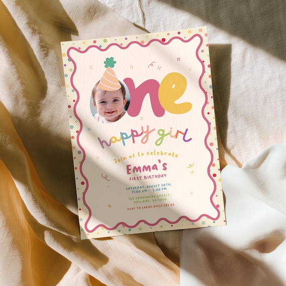 One Happy Girl First Birthday Invitation, Fun 1st Invite Colorful Retro, Party Hat, Custom Photo | Instant Download