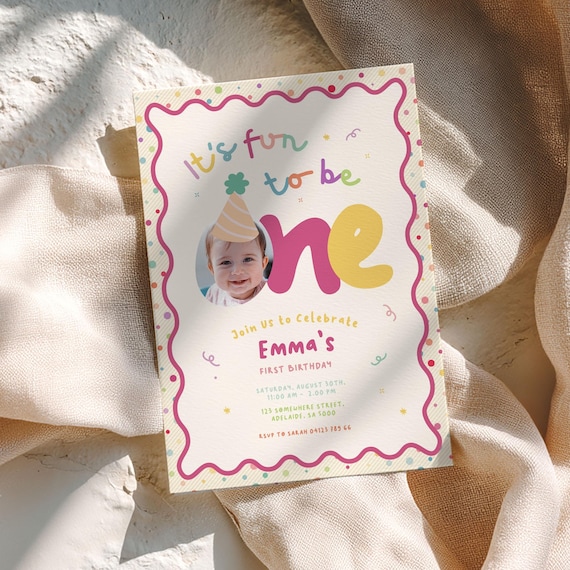 First Birthday Invitation Girl Earthy Colorful: Fun to Be One, 1st Party Hat Invite, Upload Custom Photo | Instant Download