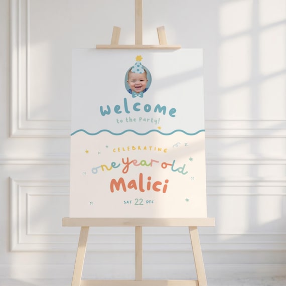 Boys First Birthday Welcome Sign: It's Fun to Be One, Colorful Party Hat Bow Tie | Instant Download