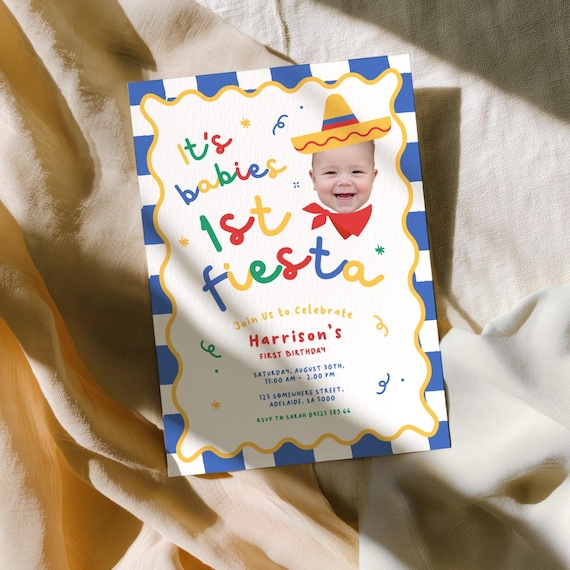 Boys First Birthday Invitation - Its Babies 1st Fiesta Invite, Primary Colors, Fun Hat & Tie | Editable Instant Download