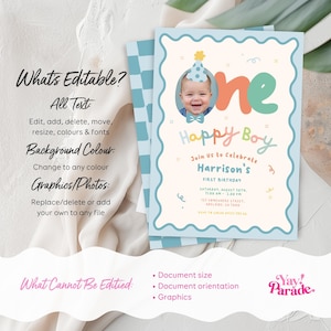 May include: A light blue birthday invitation with a photo of a baby wearing a party hat. The invitation reads "Happy Boy" and includes event details. The text "What's Editable?" and editing instructions are also present.