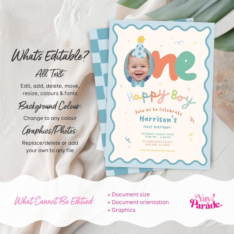 May include: A light blue birthday invitation with a photo of a baby wearing a party hat. The invitation reads "Happy Boy" and includes event details. The text "What's Editable?" and editing instructions are also present.
