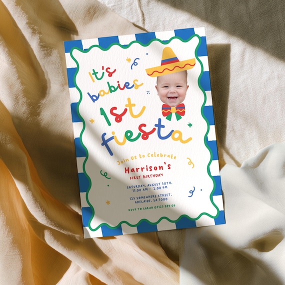 Boys 1st Birthday Invitation - It's Babies First Fiesta Invite, Primary Colors, Fun Hat & Tie | Editable Instant Download