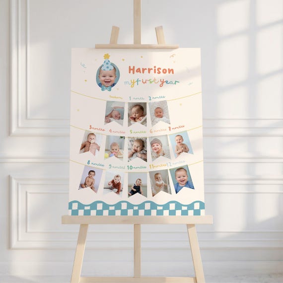Boys First Birthday Photo Board Poster Print, About Me Sign, Its Fun to Be One, Colorful Party Hat & Bow Tie | Instant Download