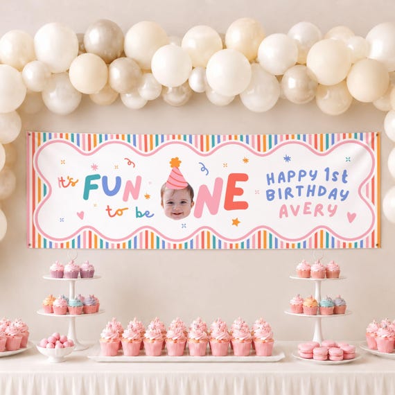 Girls First Birthday Party Banner Sign, Happy Birthday Poster: Its Fun to Be One, Custom Face Cutout (Printable, Instant Download)