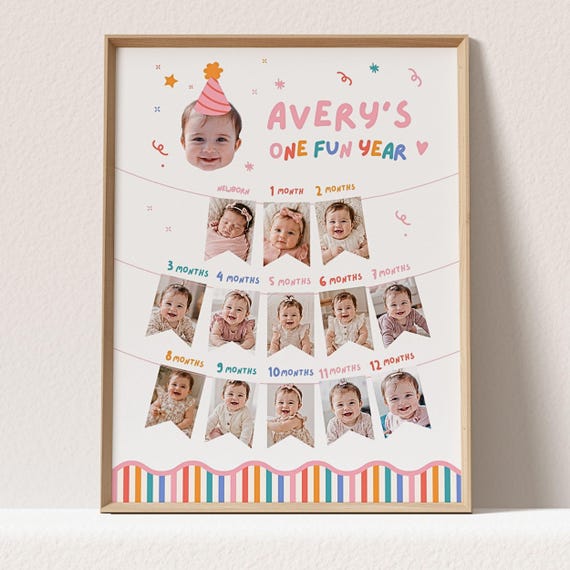 Girls First Birthday Photo Board Poster Print, About Me Sign, One Fun Year, Colorful Party Hat | Instant Download
