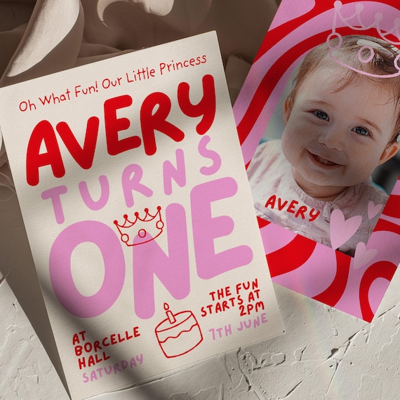 Little Princess First Birthday Invitation, Editable Canva Template (Digital Download)