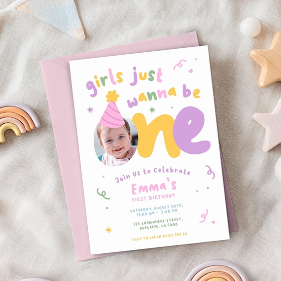 Girls Just Wanna Be ONE, 1st Birthday Invitation Girl Colorful, Party Hat, Fun Custom Photo | Instant Download