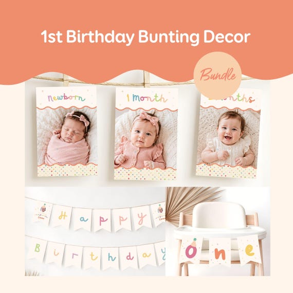 Bunting Happy Birthday Banner Decoration, Girls First Party Decor Letters, Fun to Be One Colorful Retro, Editable Photo, Instant Download