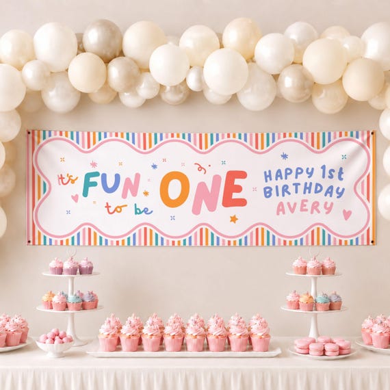 Girls First Birthday Party Banner Sign, Happy Birthday Poster: Its Fun to Be One, Custom Face Cutout (Printable, Instant Download)