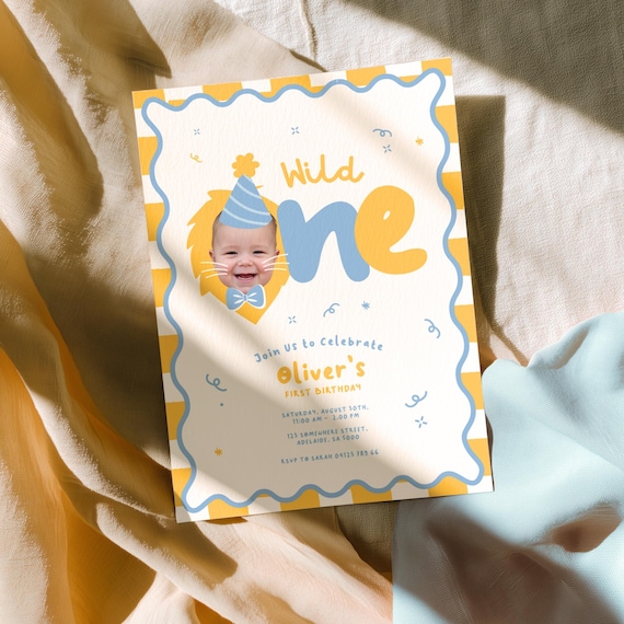 Wild One Lion First Birthday Invitation: Editable Custom Photo Template, Boys Fun Party Hat & Bow Tie (Digital Download)