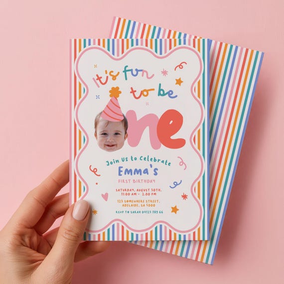 Fun To Be One Face Cutout Editable Photo 1st Birthday Invitation Girl Colorful | Download Canva Template