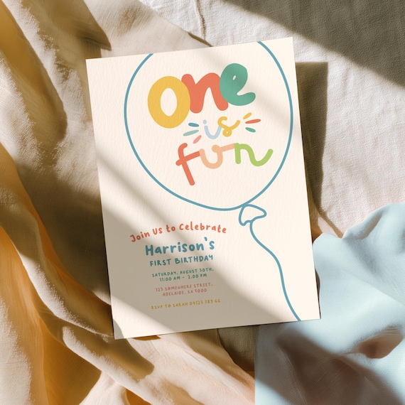 One is Fun 1st Birthday Boy Invitation, Colorful Party Balloon Invite | Editable Canva Template