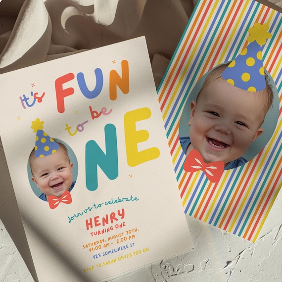 Fun to Be One First Birthday Invitation Boy's 1st Invite Colorful, Party Hat & Bow Tie, Upload Editable Photo | Instant Download