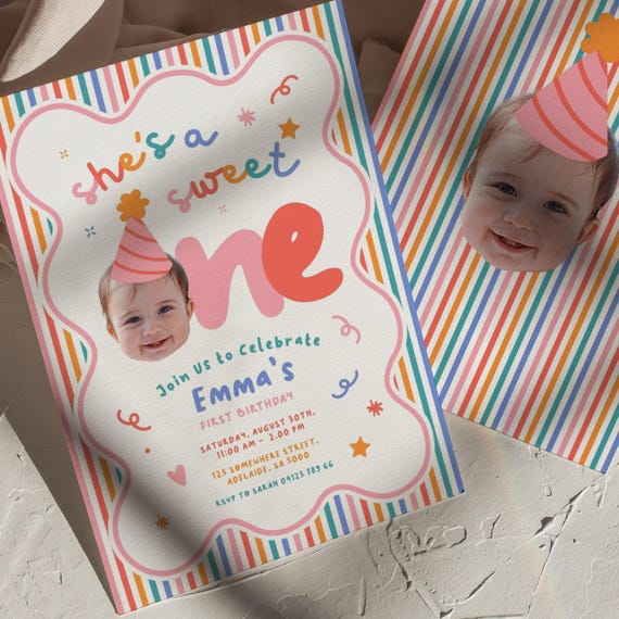 Sweet One Birthday Invitation: Girls Colorful Photo Face Cutout Editable Template (Digital Download)