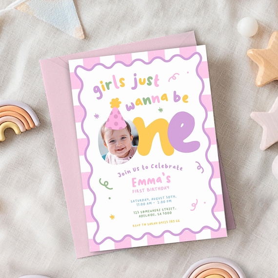 Girls Just Wanna Be ONE, 1st Birthday Invitation Girl Colorful, Party Hat, Fun Custom Photo | Instant Download