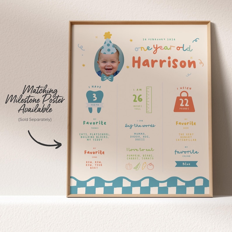May include: A framed milestone poster for a one-year-old named Harrison, featuring a photo and details like height (26 inches), weight (22 pounds), and favorite things. The poster has a blue and white border and includes the text "Matching Milestone Poster Available".