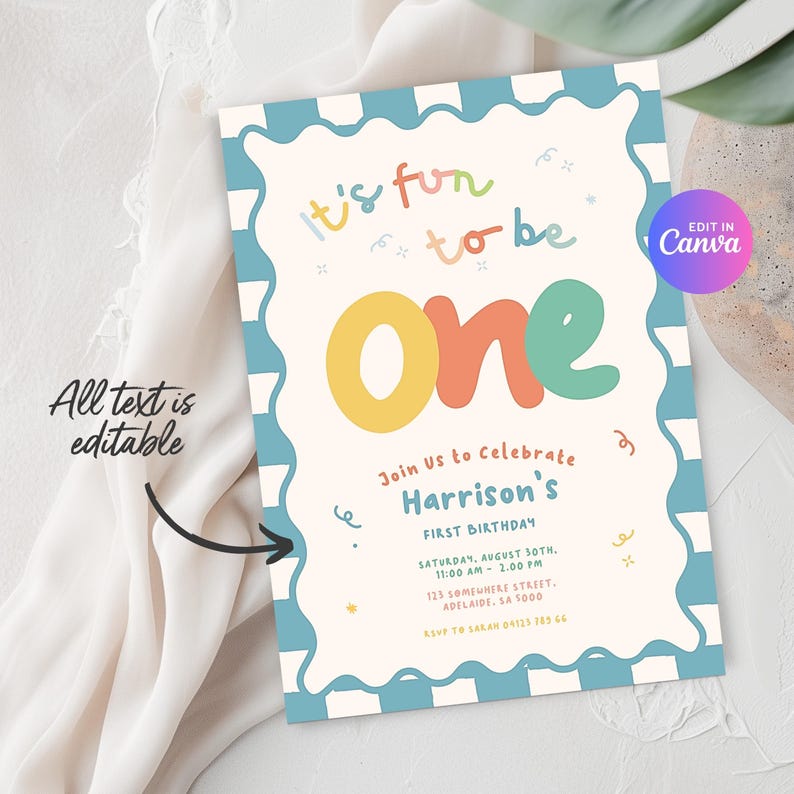 The image is a birthday invitation for a one-year-old, celebrating Harrison's first birthday.