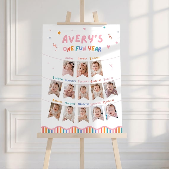 Girls First Birthday Year Photo Board Poster Print, About Me Sign, Its Fun to Be One, Colorful Party Hat | Instant Download