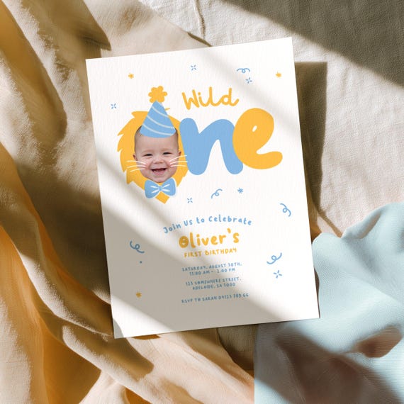Wild One Boys First Birthday Invitation: 1st Invite Fun Lion, Party Hat & Bow Tie - Editable Face Cutout Photo | Instant Download