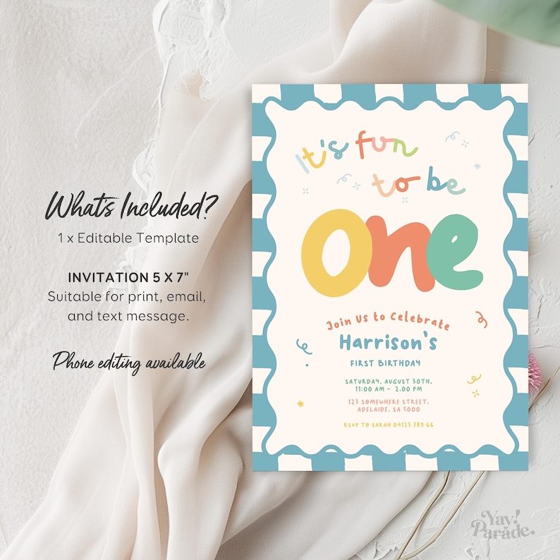 The image is a birthday invitation for a one-year-old named Harrison. It includes a template for a 5x7" invitation, suitable for print, email, and text message. The invitation is available for phone editing, and it is scheduled for Saturday, August 10th, from 12:00 to 2:00 pm, at 123 Applebee St, 12345, in downtown San Francisco. RSVP to Sarah at 123 4 6 6.