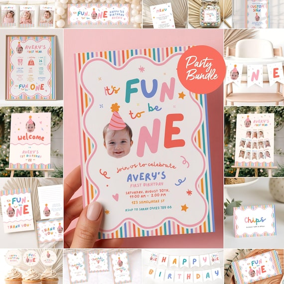 Girls First Birthday Party Pack: 1st Invitation Face Photo Cutout Fun To Be One Bundle (Editable, Canva Template Download)