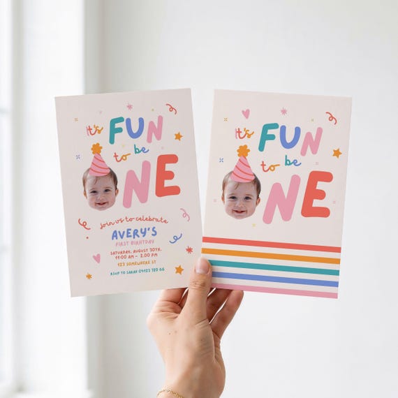 Editable Girls 1st Birthday Invite: Fun To Be One, Face Cutout Custom Photo Invitation (Download Canva Template)