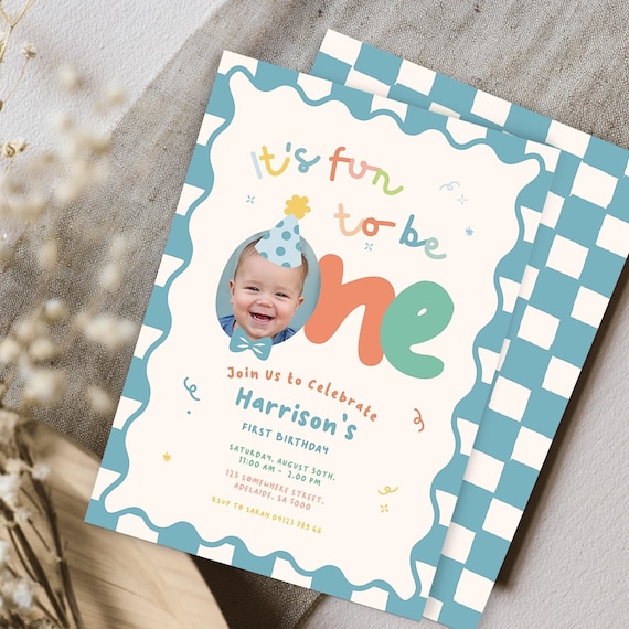 1st Birthday Invitation Boy Retro Colorful, It's Fun to Be One, Custom Photo | Instant Download