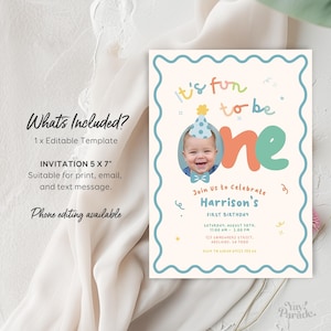 The image is a birthday invitation for a baby's first birthday. It includes a template for the invitation, a 5x7" size, and a phone editing option. The invitation is for Harrison's First Birthday on Saturday, August 30th, from 12:00 to 2:00 pm, at 123 Australia Street, Sydney, Australia. The invitation also includes an RSVP option to Sarah at 13:00.
