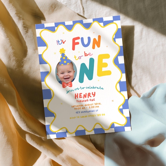 First Birthday Invitation Boy's 1st Invite Colorful, It's Fun to Be One, Party Hat & Bow Tie, Upload Editable Photo | Instant Download