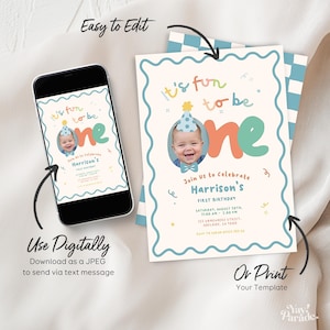 The image is a birthday invitation for a baby, featuring a smiling baby's photo and text that reads "It's fun to be one" and "Join us to celebrate Harrison's first birthday". The invitation is available in both digital and print formats, and it can be easily edited and sent via text message.